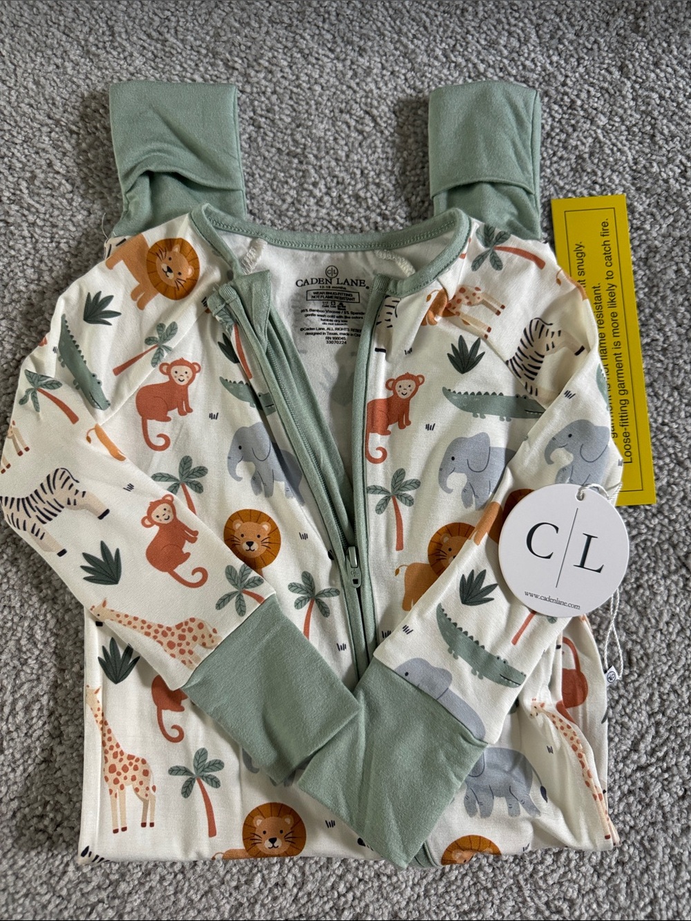 Caden Lane Sage-Trim Safari Animal Zip Footie
